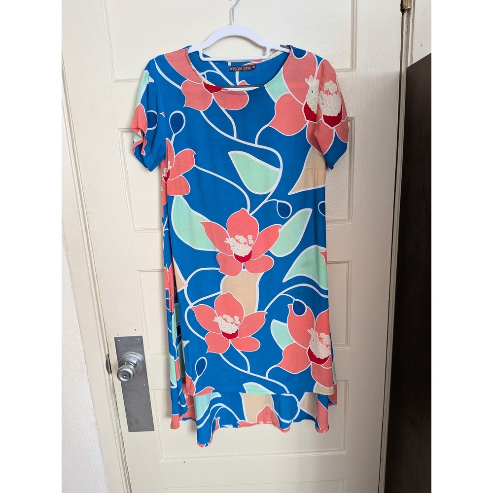 Mister Zimi Blue Coral Floral Viscose Shift Dress High Low Hem Size 8